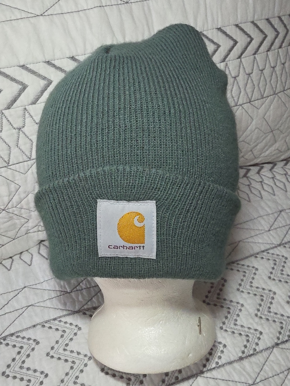 Carhartt Sage Green Rib Knit Beanie with Gold Logo Patch